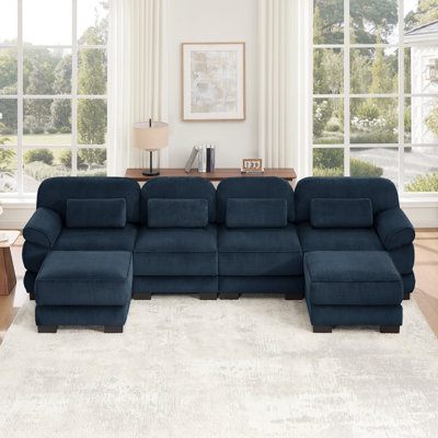 Canapé modulaire en forme de U Cloud Couch, canapé 4 places avec 2 repose-pieds, coussins de siège confortables et épais, tissu en velours côtelé respirant, bleu pour le salon