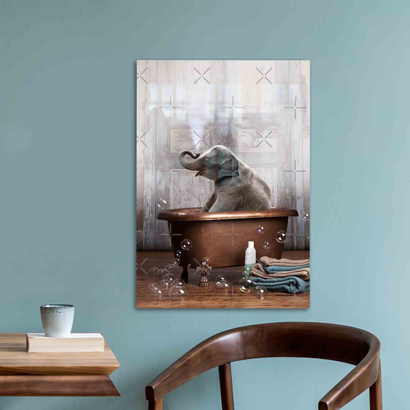 Art mural en verre trempé à thème éléphant idéal pour rehausser le décor de la salle de bain avec une touche de charme animalier