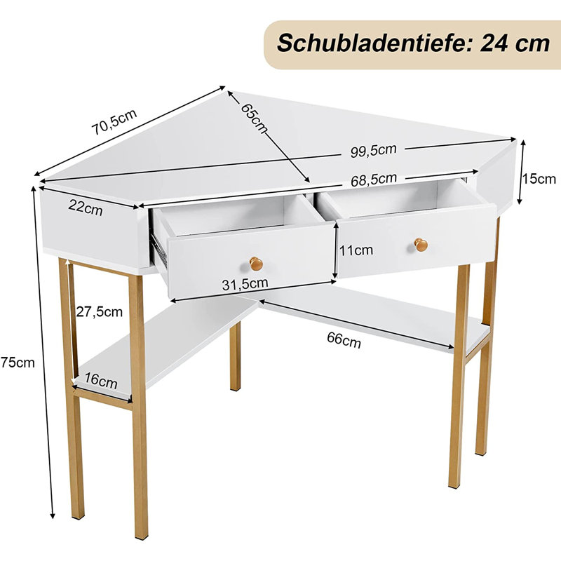 Ceti Corner Computer Desk, White, Gold/White