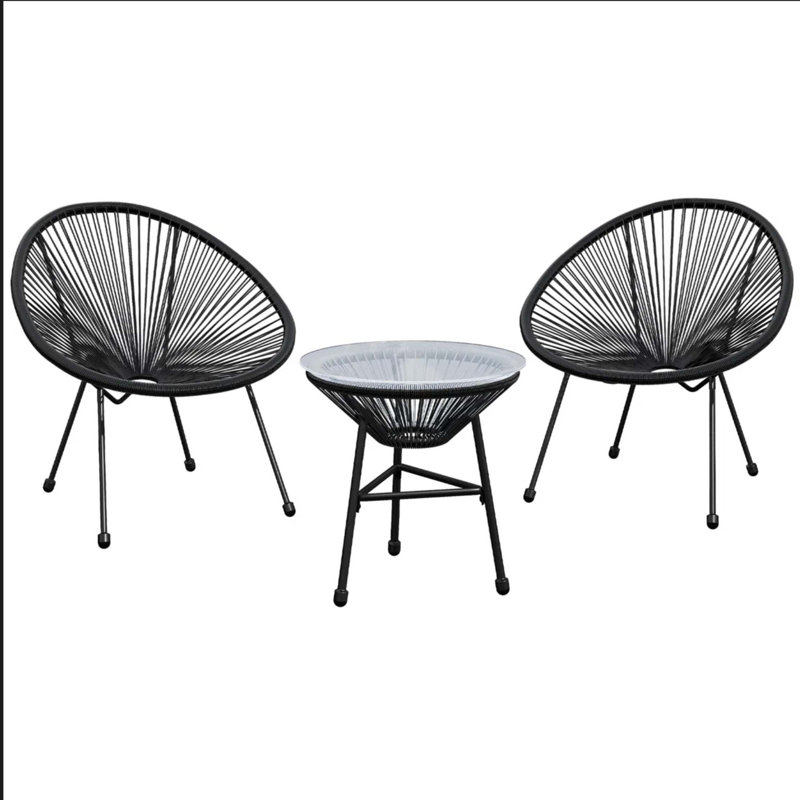 Ensemble bistro de patio Acapulco avec chaises résistantes aux intempéries et table en verre trempé, Noir