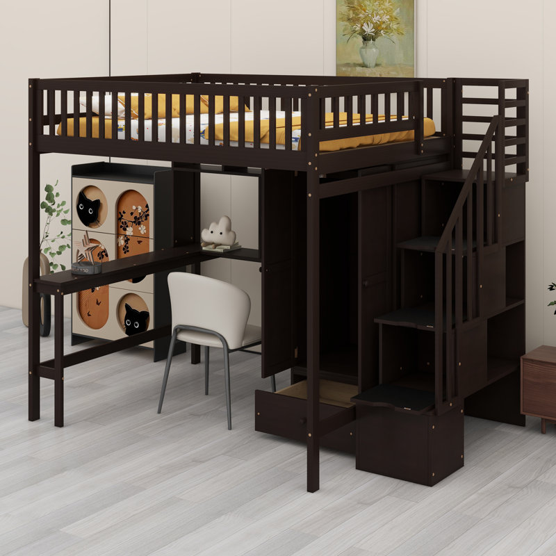 Loft Bed With Bookshelf,Drawers,Desk,And Wardrobe, Espresso