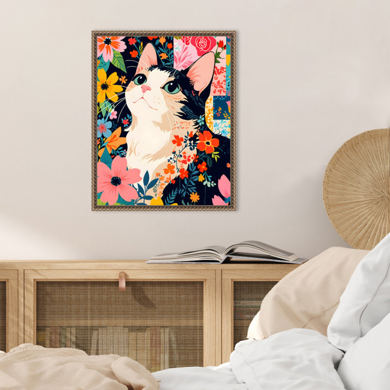 «Floral Patchwork Cat» par Mauriello, reproduction d'art sur toile encadrée, H 20 po x l 16 po
