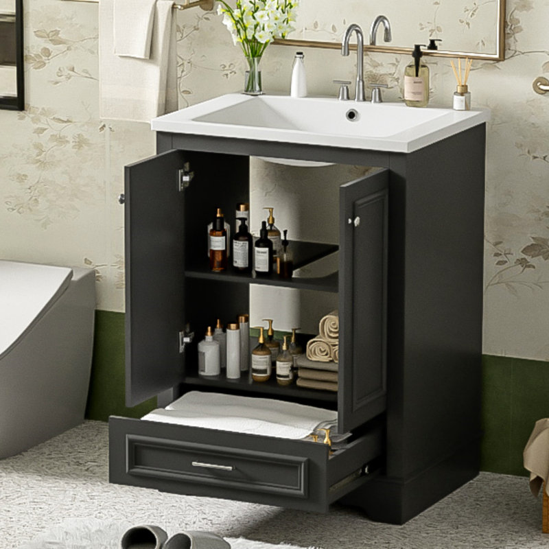 24'' Bathroom Vanity With Ceramic Sink Combo, Modern Freestanding Storage Cabinet  With Silver Handles,  Soft Closing Doors, Bathroom Storage