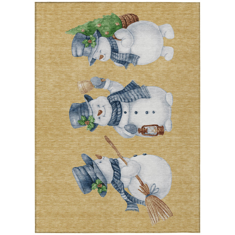 Tapis intérieur lavable bonhomme de neige bleu denim et ivoire 9 pi x 12 pi doré