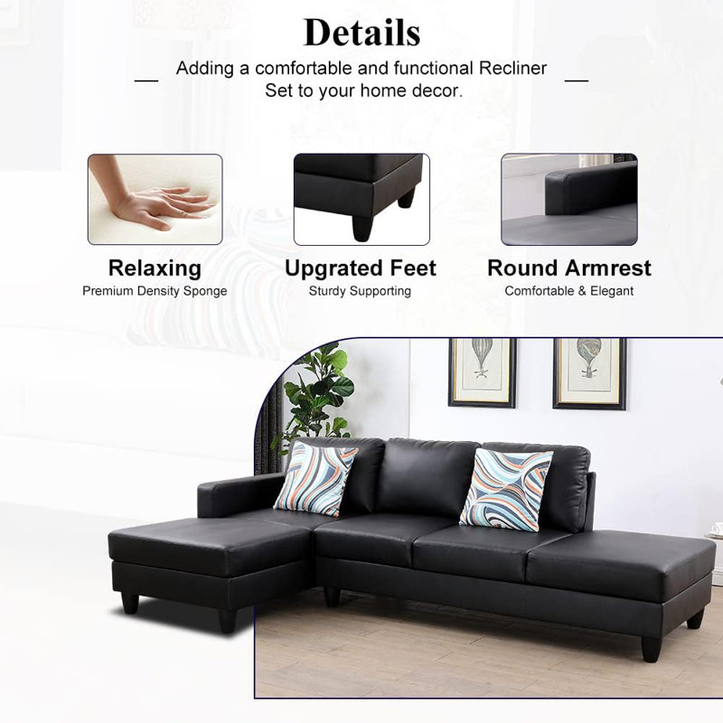 2-Piece Faux Leather L-Shape Lint Sectional Sofa, Black Faux Leather, Right Hand Facing