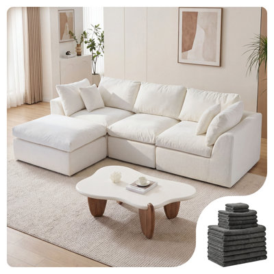 Canapé modulaire 108 po avec 2 ensembles de housses lavables, canapé modulaire en L convertible avec repose-pieds, canapé à 3 places pour salon, blanc avec housses extra grises