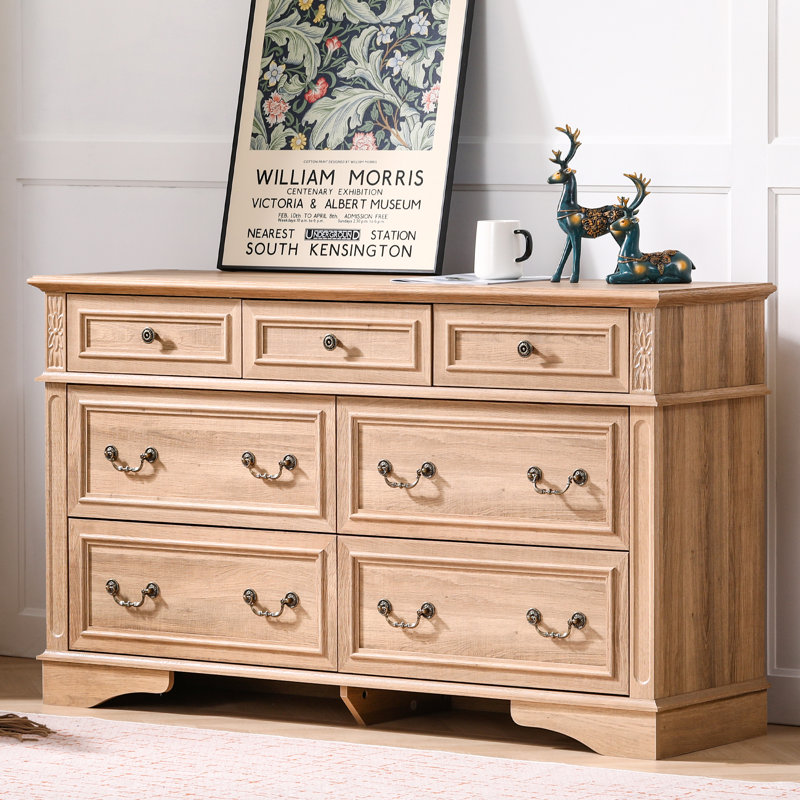 Ensemble de chambre à coucher 4 pièces - commode 7 tiroirs, commode haute 6 tiroirs et 2 tables de chevet, Naturel