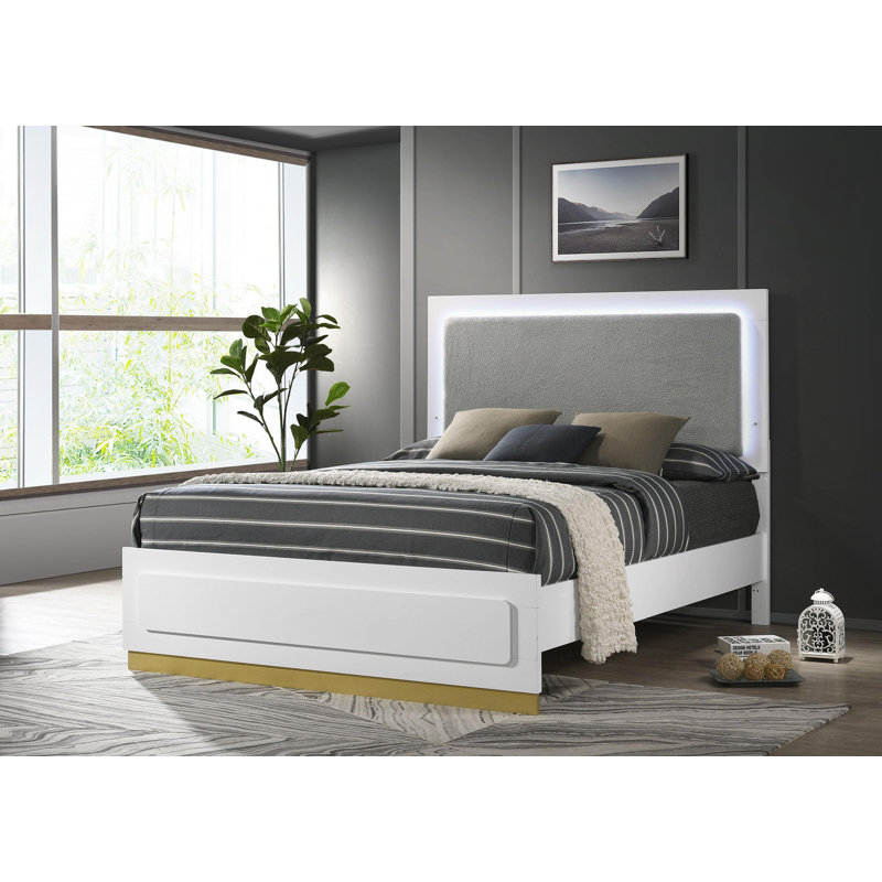 Lit à panneau tapissier avec éclairage DEL, Blanc, Grand lit