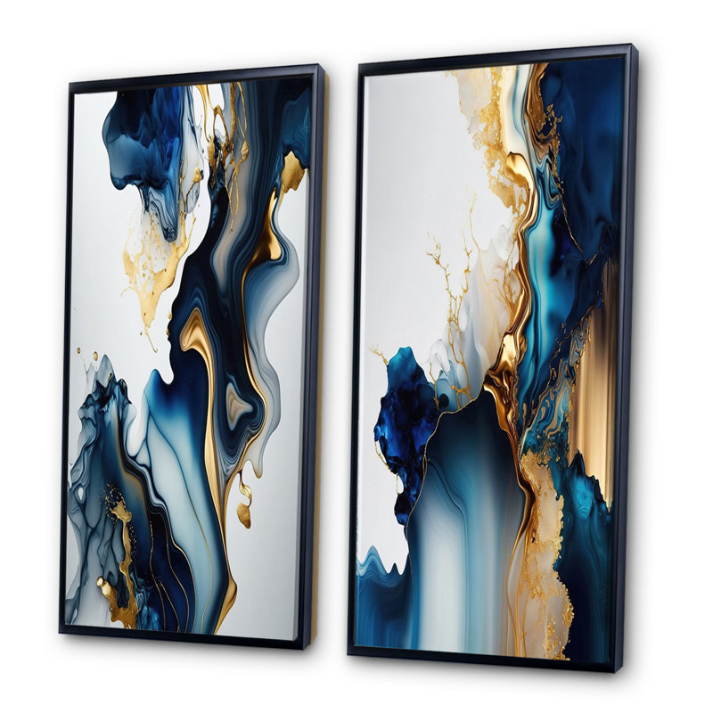 «Abstract Geode Marble Blue I», 2 pièces, Cadre noir, H 20 po x l 24 po