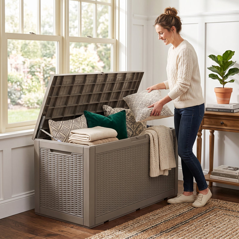 PawsomePad 100 gallons Boîte de rangement extérieure, contenant de terrasse en résine imperméable avec couvercle verrouillable, organisateur de patio pour coussins et outils de jardin, gris