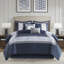 Couette brodée 8 pièces - King, bleu marine, gris et blanc, ensemble brodé pour chambre élégante