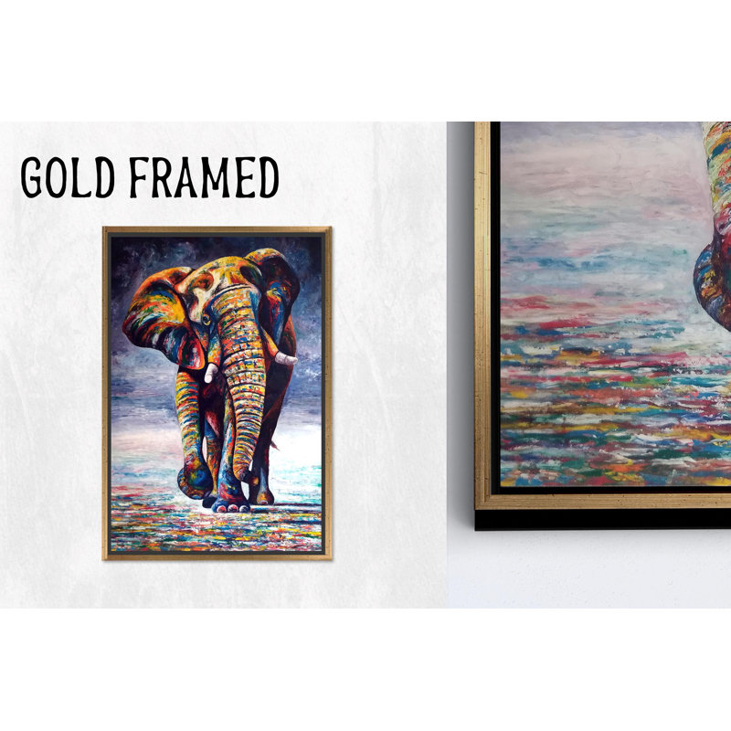 Art mural imprimé sur toile: éléphant coloré éclatant, toiles encadrées dorées 1P