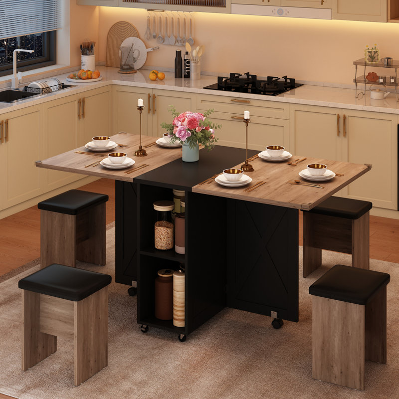 5 PCS Farmhouse Folding Dining Table Set for 4, 60'' Drop Leaf Table Set with 4 Leather Chairs, 2-Layer Storage Shelf, 6 Wheels, Barn Door Design, Space Saving Foldable Kitchen Table for Small Spaces