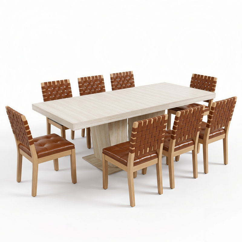 Ensemble de salle à manger extensible à double piétement de 63" à 79" avec rallonge intégrée et chaises tressées, Rouge