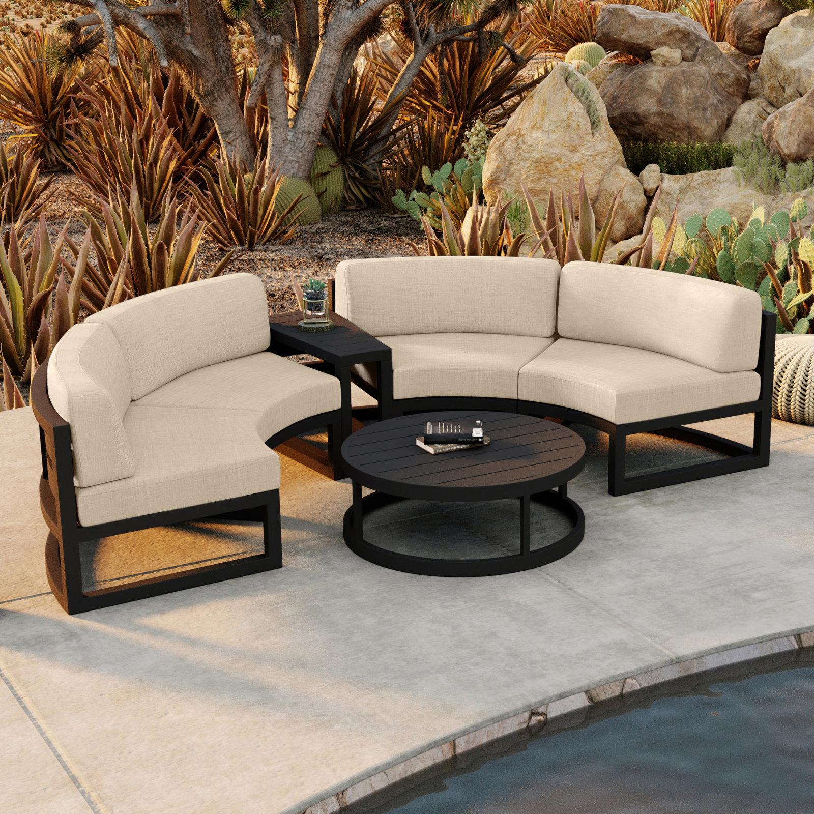Bergeron 4 - Person Patio Conversation Set with Cushions, Canvas Flax Sunbrella® Canvas, Black