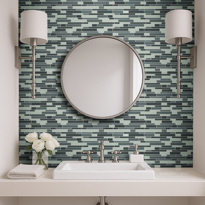 Meridian Shale Blue 12 in. x 12 in. Glossy Glass Interlocking Mosaic Wall Tile, Shale Blue