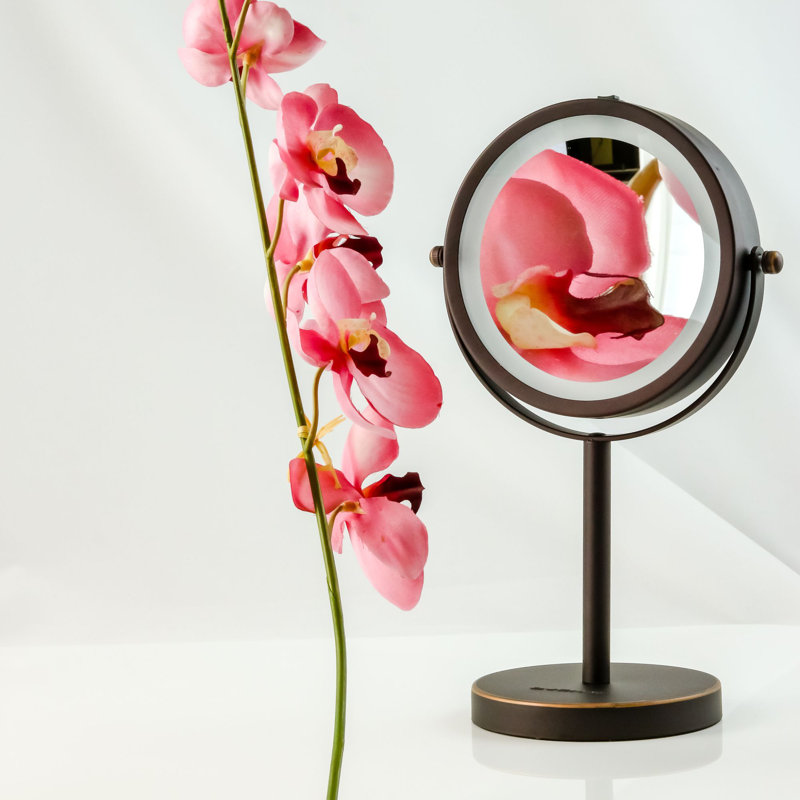 OVENTE 6" Lighted Makeup Mirror with 1X/7X Magnification, Cordless Tabletop Mount Vanity Round Mirror with 360° Swivel Design and Double Sided Cool Tone LED Ring Light, Antique Bronze MLT60ABZ1X7X