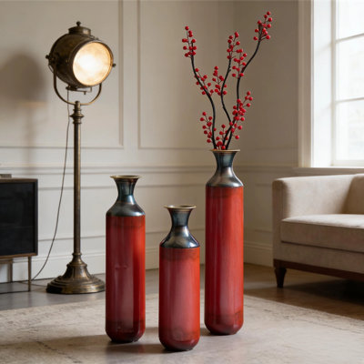 Ensemble de 3 grands vases de plancher rustiques en métal forgé à la main avec finition au feu, décor de maison de campagne moderne et industriel
