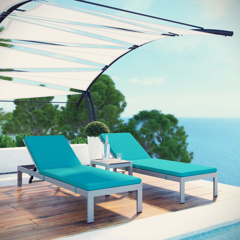 Shore 3-piece Outdoor Patio Aluminum Chaise with Cushions, Turquoise