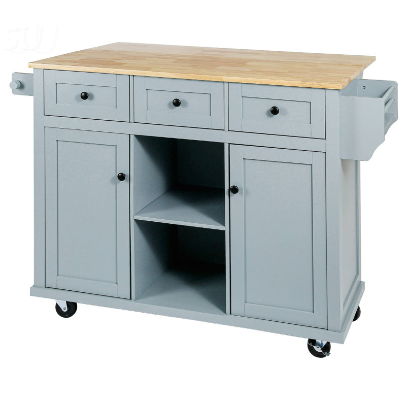 Kitchen Cart With Rubber Wood Drop-Leaf Countertop ,Cabinet Door Internal Storage Racks,Kitchen Island On 5 Wheels With Storage Cabinet And 3 Drawers, Kitchen Island