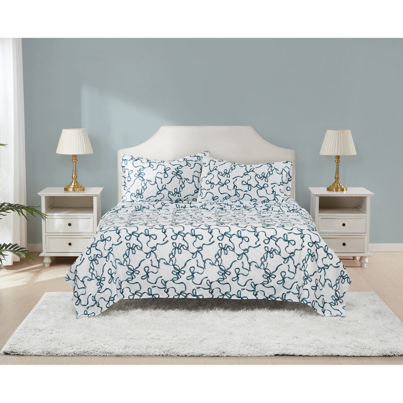 Truly Soft Printed Bow Sheet Sets, Blue, Full Sheet Set with 2 Pillowcases
