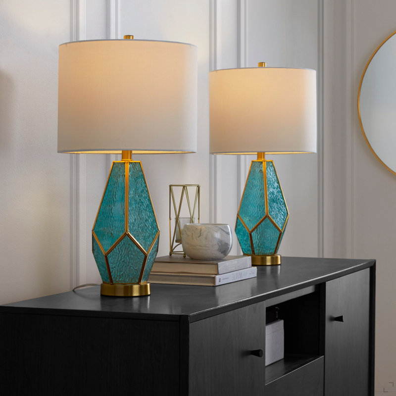 Lampe de table en métal doré avec verre turquoise et abat-jour en lin blanc - ensemble de 2