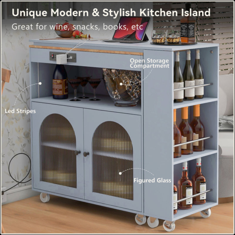 Rolling Kitchen Island With Extended Table, Kitchen Island On Wheels With LED Lights,Power Outlets And 2 Fluted Glass Doors, Kitchen Island With A Storage Compartment And Side 3 Open Shelves