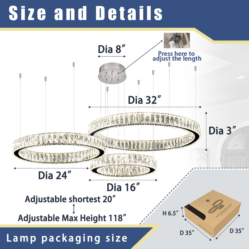 Large K9 Crystal 3 Rings Ceiling Chandeliers