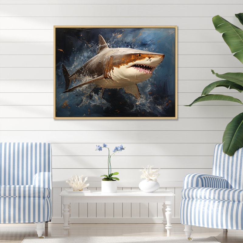 Underwater Shark attack I - Shark Large Wall Art, 16" H x 32" W x 1" D, Brown Floater Framed