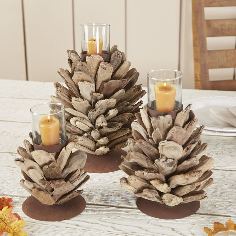 Porte-votive en verre/bois pinecone bois flottant, H 8,5 po x l 7 po