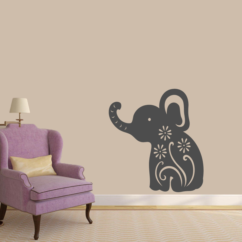 Décalcomanie murale éléphant floral, Gris foncé