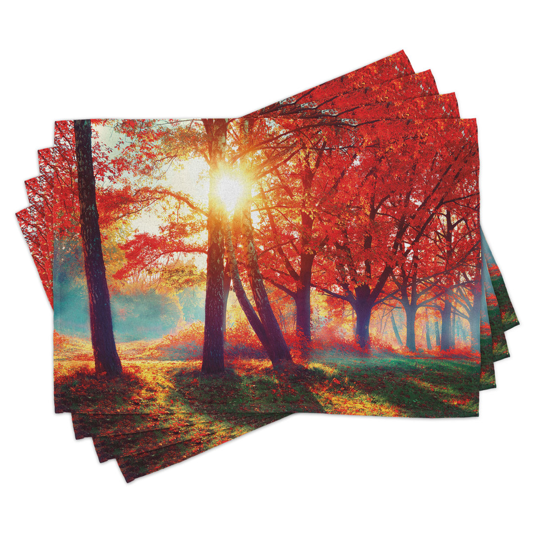 Platzdeckchen 4er-Set, Neblige herbstliche Parklandschaft, Orange Gelb Teal