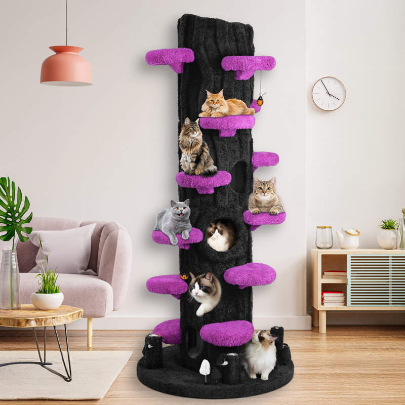 Tour pour chat avec coussin moelleux, planche à gratter, plateforme moelleuse et perchoir supérieur, Noir / mauve