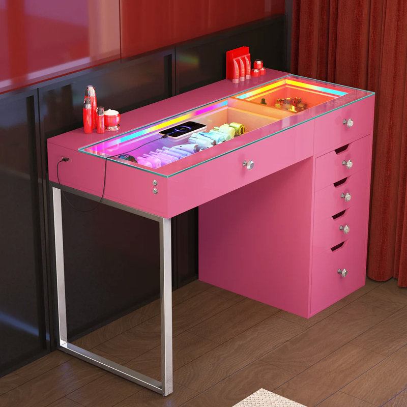 Makeup Vanity Desk HD Glass Countertop Built-in RGB Lighting Strip 6 Large Drawers Diamond Handles Very easy to assemble