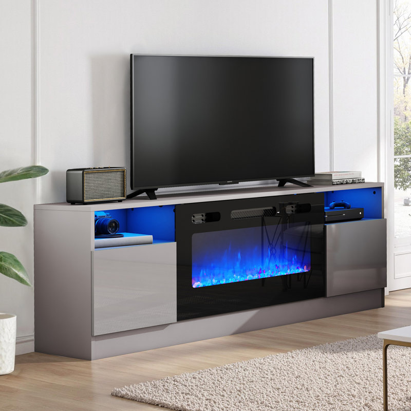 Meuble télé avec foyer électrique Bhhatu, L 70 po, Gris