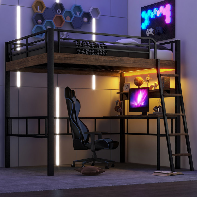 Lit mezzanine simple en métal avec DEL, bureau intégré, tablette de rangement et échelle, noir