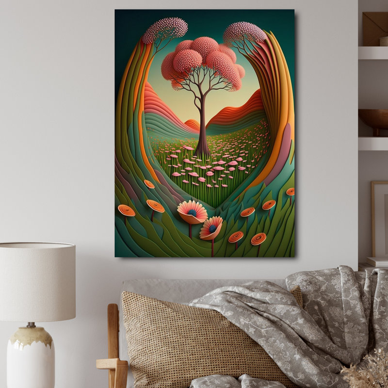 «Serene Magical Pink Trees In Flowerfields I», reproduction sur toile, H 32 po x l 24 po x P 1 po, Toile tendue