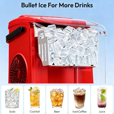 Machine à glaçons de comptoir 12 kg, machine à glaçons portable avec production de glace rapide en 6 à 8 minutes, autonettoyante, poignée de transport, indicateurs de niveau d'eau et de bac à glaçons plein, rouge