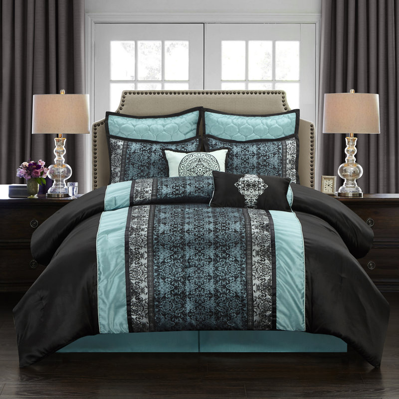 Arabesque 8 Piece Traditional Comforter Set, Queen Comforter + 7 Additional Pieces, Blue/Gray/Black