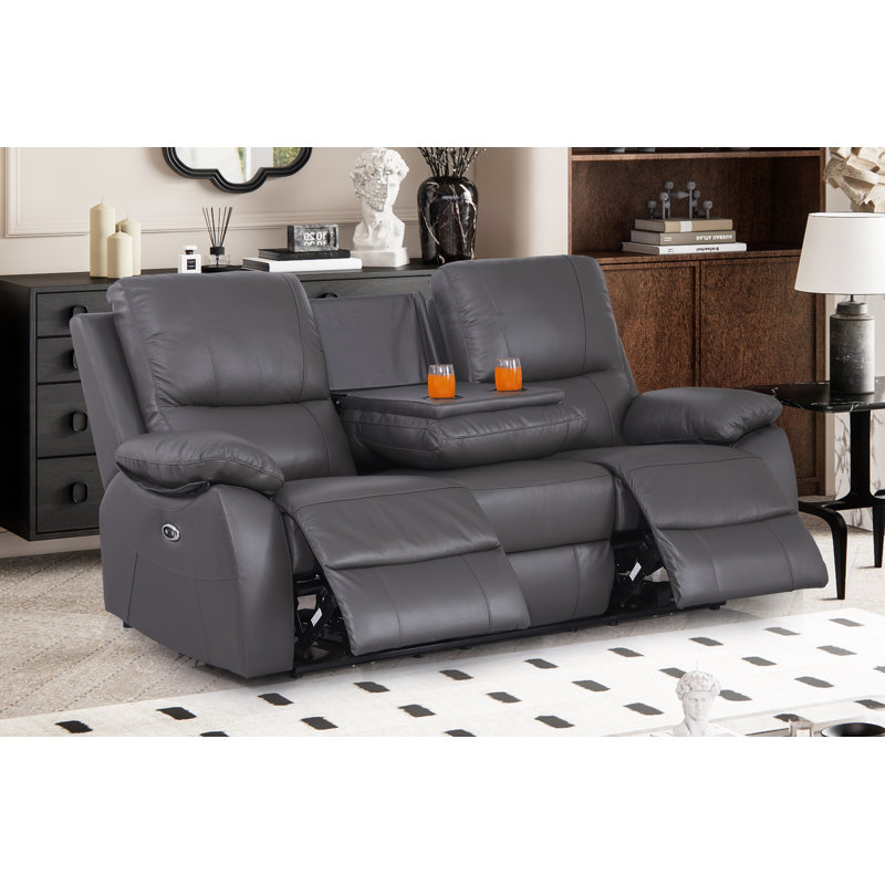 Ahnika 79.52'' Genuine Leather Pillow Top Arm Reclining Sofa, Gray Genuine Leather
