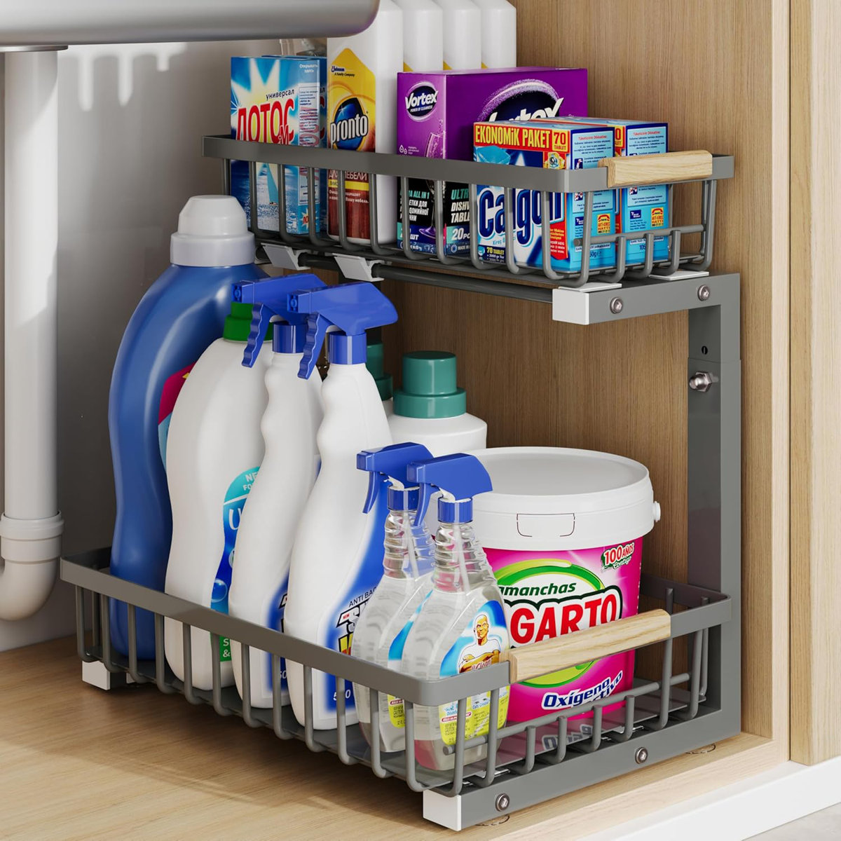 Under Sink Organizer, 2 Tier Under Sink Organizers And Storage Sliding 2 Tier Rack Metal Organization Under Counter Kitchen Bathroom
