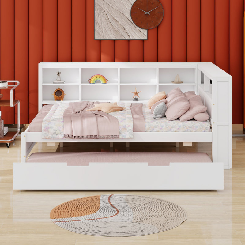 Lit de jour en bois avec lit gigogne, lit de jour avec tablette de rangement et ports de chargement USB, Double, gris