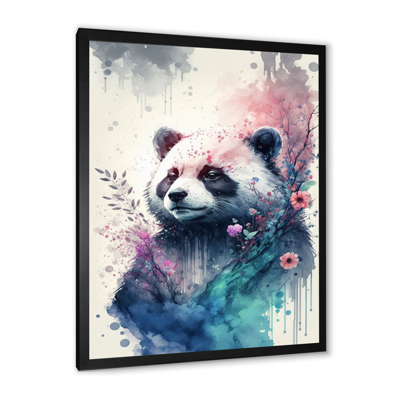 Mignon panda floral - peinture sur toile, Cadre photo noir