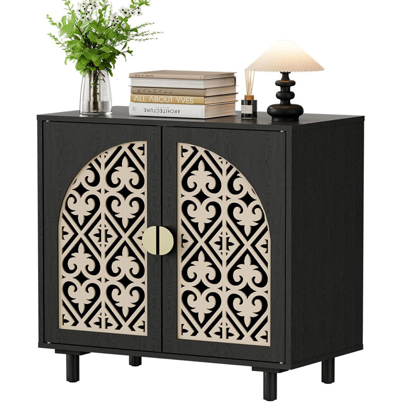 29.84" Black Bohemian Carved Storage Cabinet, Black