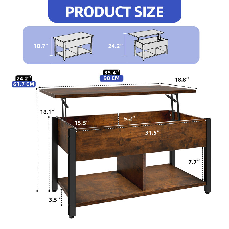 Table basse à plateau relevable moderne avec rangement ouvert Modern Farmhouse