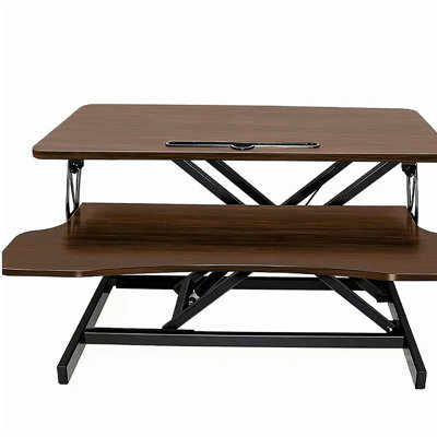 Convertisseur de bureau 32 pouces, siège réglable en hauteur, station de travail double moniteur et ordinateur portable avec large plateau à clavier, bureau d'ordinateur sur pied, couleur naturelle