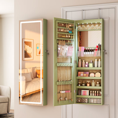 42.5‘’H Jewelry Armoire With Lighted Mirror, Door / Wall Hanging Jewelry Cabinet