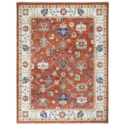 Tapis transitionnel Oushak en laine noué à la main de 9 pi 3 po x 12 pi 3 po ivoire