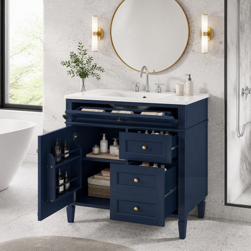 Meuble-lavabo moderne avec lavabo simple avec comptoir, 2 tiroirs, tiroir coulissant et rangement spacieux pour des salles de bain élégantes et fonctionnelles