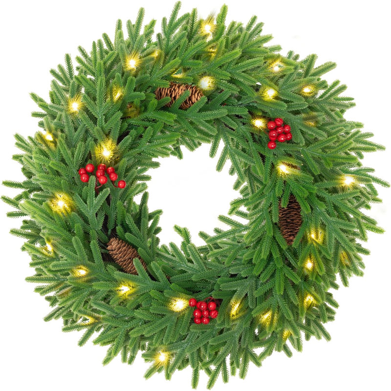 Couronne de Noël d'hiver 24 po pour porte d'entrée avec lumières chaudes